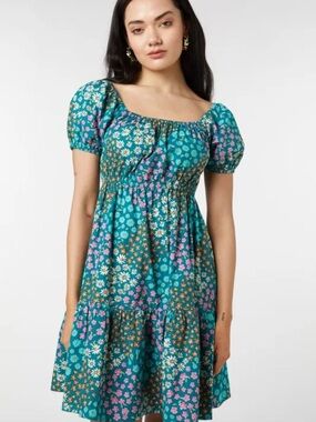 Princess Highway Teal Floral Puff-Sleeve Square Neck Dress